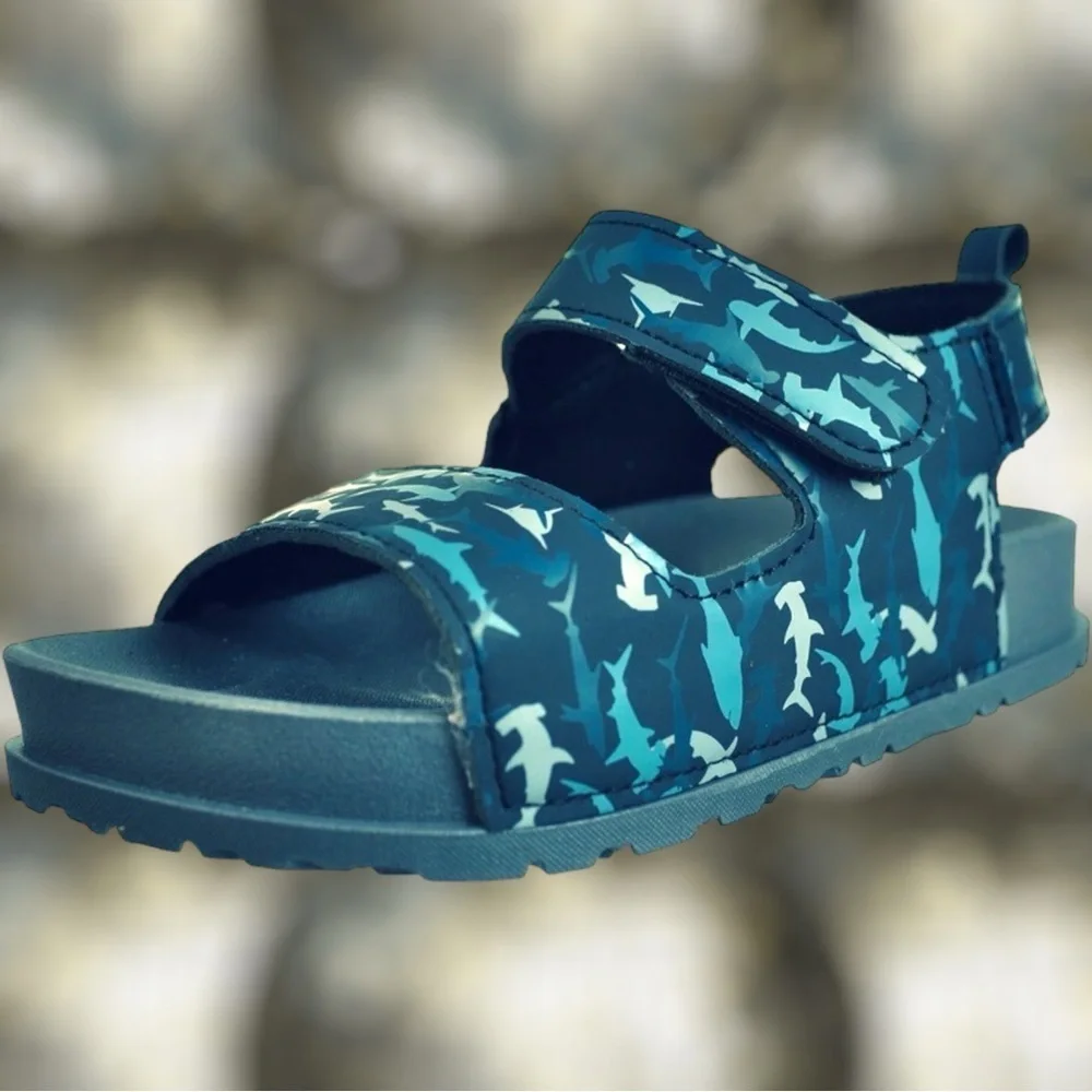 NWOT First Steps by Stepping Stones Navy Blue Shark Camo Print Sandals Size 4